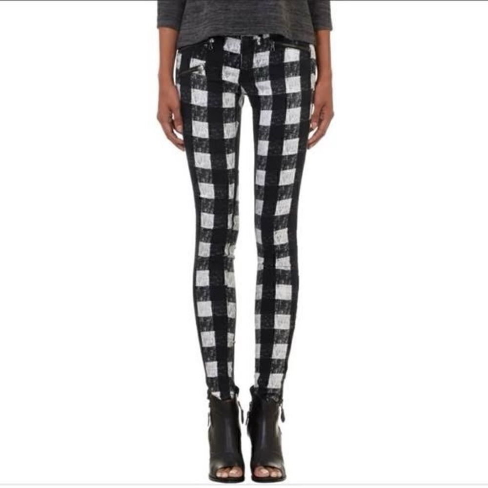 Rag & Bone Black & White Buffalo Check Skinny Pants with Zippers at Hem